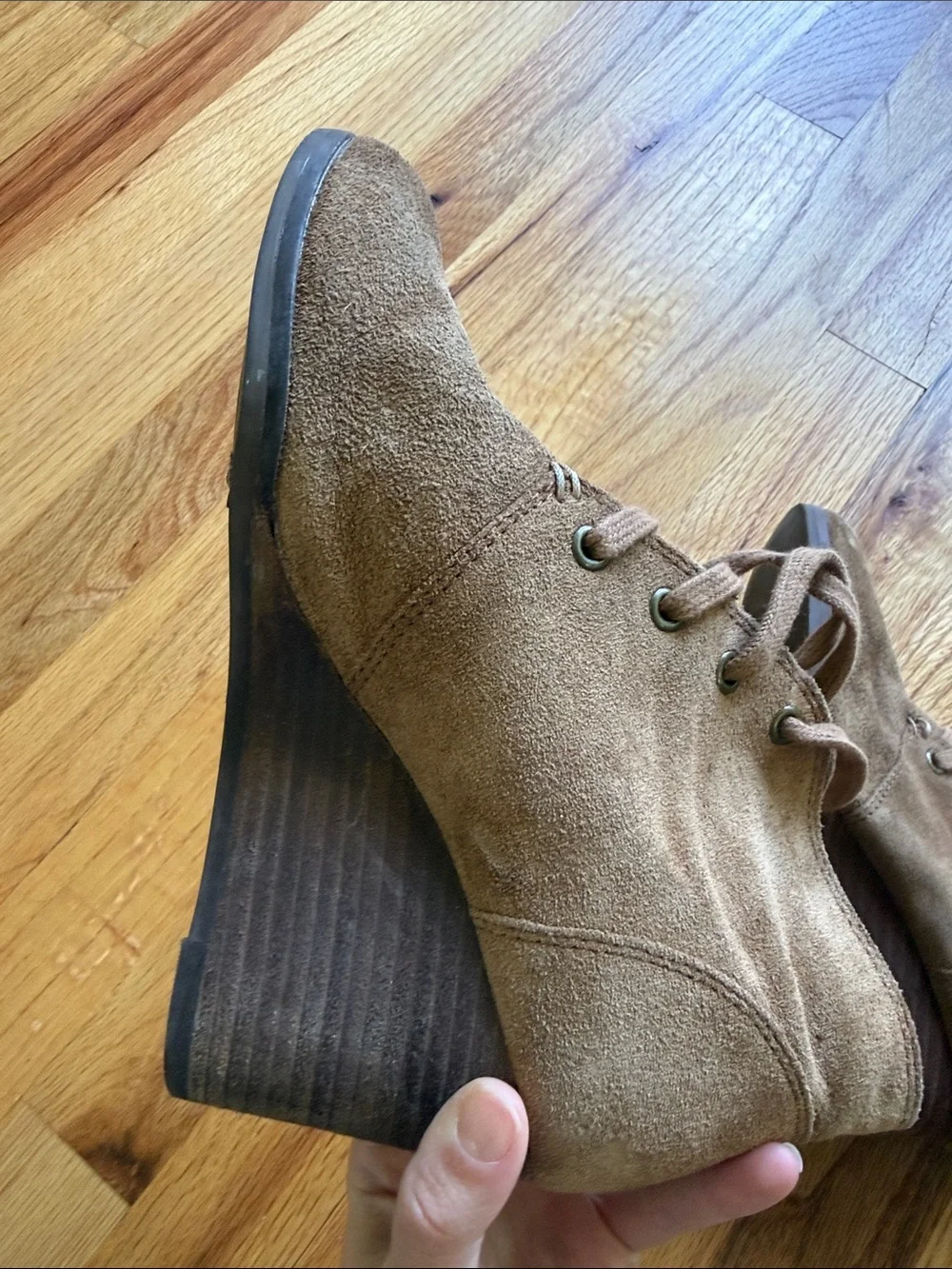 Lucky Brand Lace-Up Wedge Booties in Tan Suede